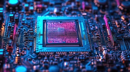 Extreme close-up view of quantum processor chip. Superconducting qubits, quantum computing architecture visible. Complex tech design with intricate patterns. High quality image. Advanced tech. Future
