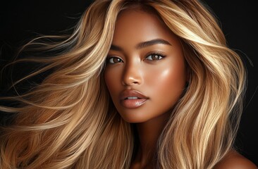 Fototapeta premium A portrait of a woman with flowing blonde hair and glowing skin, showcasing natural beauty and confidence against a dark background.