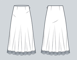 Slip Skirt with Lace Trim technical fashion illustration. Midi Skirt fashion flat technical drawing template, bias cut, side zipper, front and back view, white, women Skirt CAD mockup.
