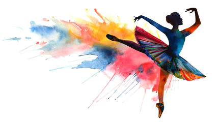 チュチュを着たバレーダンサー。芸術的でカラフルでダイナミックなバレリーナのシルエットの水彩画。（Ballet dancer in a tutu. Artistic, colorful and dynamic ballerina silhouette watercolor painting.）

