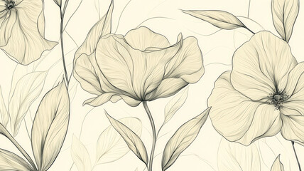 A delicate pattern featuring hand-drawn flowers and leaves on a light cream background, showcasing an artistic and organic design that evokes a sense of nature and creativity.