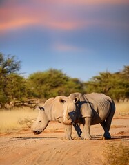 Fototapeta premium Two white rhinoceros, rhino portrait, wildlife safari and game drive in the Kalahari desert