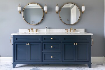 A navy blue double bathroom vanity with brass hardware and two circular mirrors hanging above it, centered in the frame