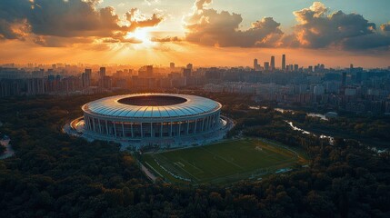 Naklejka premium Aerial view of a stadium at sunset with city skyline.