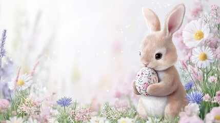 Obraz premium A charming bunny gently holding a painted floral Easter egg, surrounded by a lush field of vibrant wildflowers, capturing the essence of springtime magic