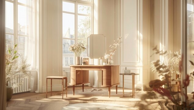 A sleek, modern wooden vanity with natural light streaming in through large windows, showcasing an array of beauty products and an elegant mirror