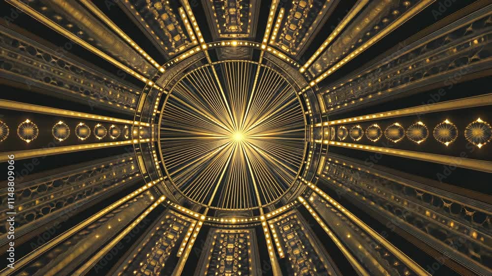 Poster intricate golden pattern radiating light in a circular design inspired by art deco style
