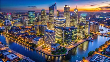 Obraz premium Canary Wharf Night Drone Shot: Illuminated London Skyline, Docklands Aerial View