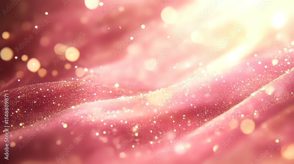 Poster radiant pink and golden abstract valentine background with flowing heart patterns, glowing particles
