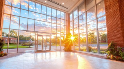 Modern building lobby with sunset view through large windows.