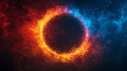 Abstract grainy background glowing color gradient blue orange red vibrant circle ring frame noise texture black banner, poster design, Generative AI