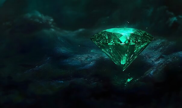 Glowing emerald diamond hovering above a stormy surface.