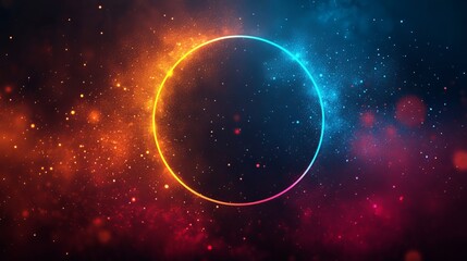 Obraz premium Abstract grainy background glowing color gradient blue orange red vibrant circle ring frame noise texture black banner, poster design, Generative AI