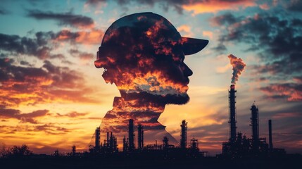 Industrial reflection worker silhouette against sunset skyline oil refinery photography urban environment profile view empowerment
