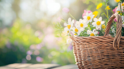 Obraz premium A detailed view of woven wicker from an Easter basket, softly focused on spring flowers in the background, creating a rustic and inviting atmosphere.