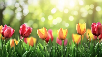Blooming tulips in a sunlit garden nature scene colorful floral display vibrant environment close-up view for spring inspiration