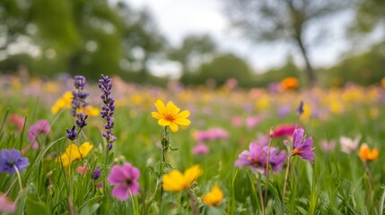 Fototapeta premium Colorful wildflower meadow blooming in spring nature photography in vibrant landscape capturing serenity and beauty