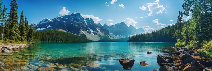 A mountain lake with a clear blue sky above