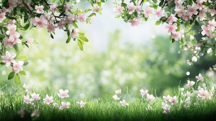 Obraz premium Blossoming pink flowers in a lush green garden nature scene springtime serenity soft focus eco-friendly aesthetic