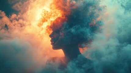 Fototapeta premium Surreal Transformation and Human Mind. Psychological, emotional stability, telepathy. Concept of psychology, inner world, mental health, feelings