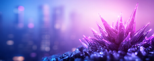 vibrant crystal formation glows in futuristic cityscape at night, creating magical atmosphere