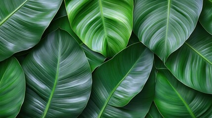 Lush, overlapping, vibrant green tropical leaves background.