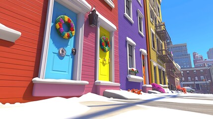 Colorful Row Houses with Snow and Holiday Wreaths