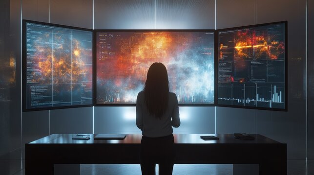 Woman analyzing data on multi-screen display in futuristic office environment