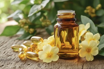 Evening primrose oil in bottle, pills and flowers on wooden table, Oenothera biennis essence, Generative AI