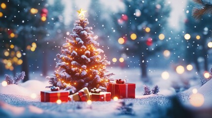 Obraz premium Christmas Magic: A Snowy Forest Scene with a Decorated Tree and Gifts