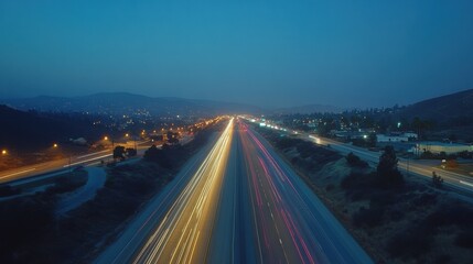 Fototapeta premium Captivating twilight highway with light trails and scenic hills in evening