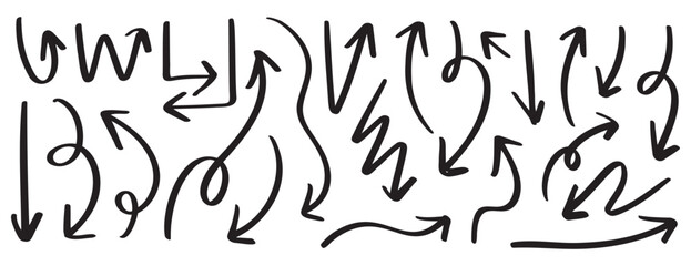 Hand drawn arrow vector icons set. Black doodle sketch arrow for business plan and education elements.