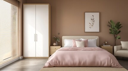 Modern bedroom with pink bedding, beige walls, and wooden flooring.
