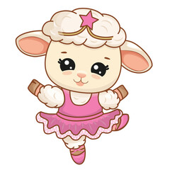 Charming ballerina. Sheep in a ballerina costume dancing. Sheep in a dress and pointe shoes, with a crown on her head. Vector illustration for a poster, greeting card and design for children.