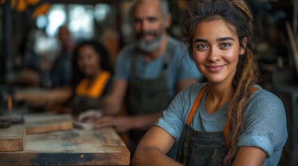 Confident young female carpenter smiling in workshop setting with team in background