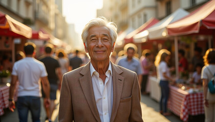 Stylish elderly man enjoys vibrant street market during golden hour in bustling urban setting