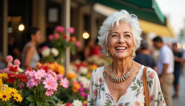 Stylish elder woman smiles brightly among vibrant flowers in a bustling outdoor market on a sunny day