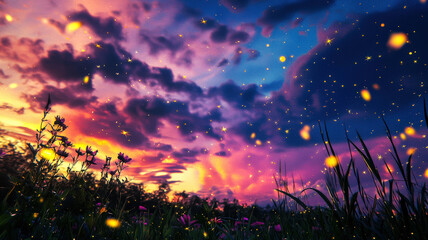 A dreamy meadow bathed in twilight, featuring colorful, swirling clouds above and golden fireflies dancing around, creating a magical and serene atmosphere.