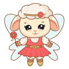 Adorable sheep in fairy costume standing with magic wand. Sheep in dress with headband on head. Vector illustration for poster, greeting card and design for kids.