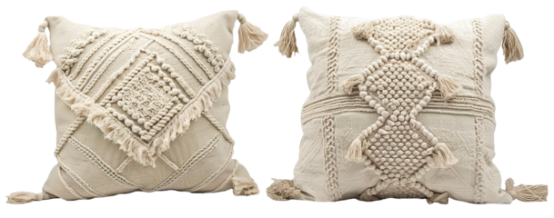 Set of two beige bohemian decorative throw pillows with intricate macramé patterns, on transparent background. Detailed texture and neutral color. Cut out home decor, textile. Front view.