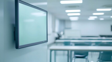Wall-mounted screen in a modern classroom.