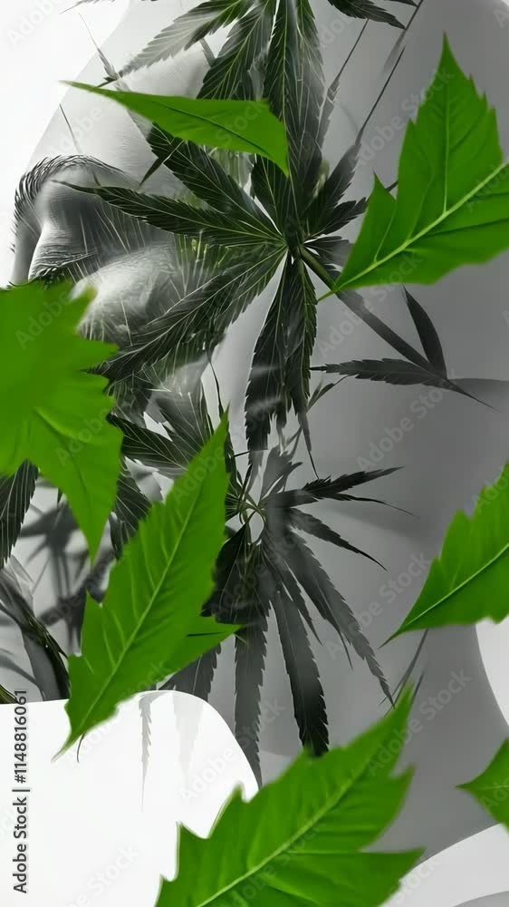 Poster green leaves contrasting with a monochrome background showcasing natural textures and patterns in a 