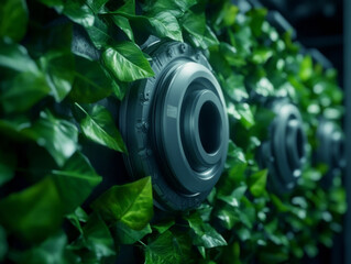 Futuristic energy efficient factory design with green foliage accents