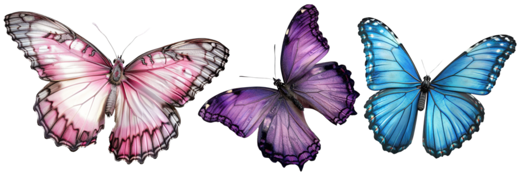 Realistic butterflies set with detailed, textured wings, on transparent background. Ideal for nature, wildlife, or artistic design themes. Cut out elements collection.