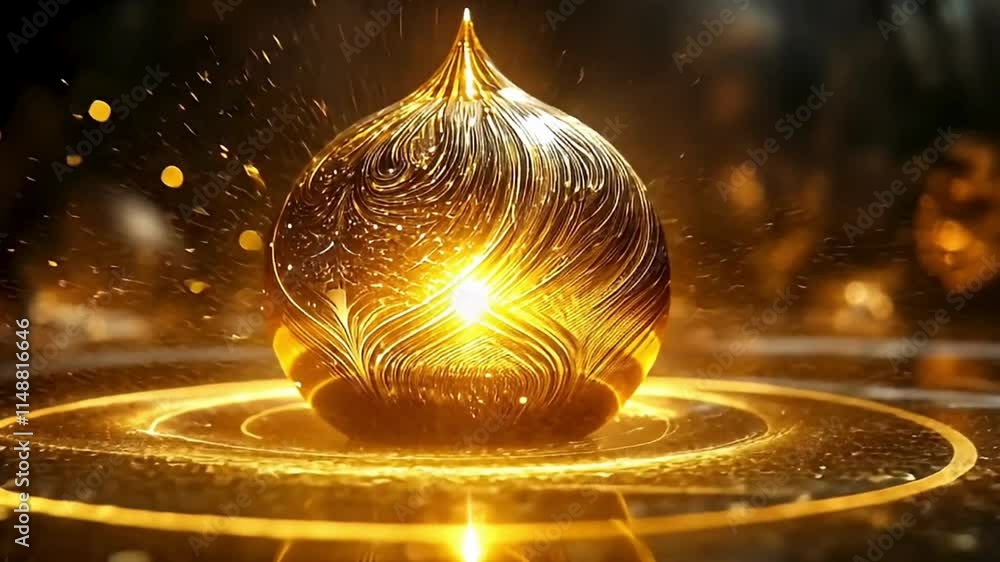 Poster radiant golden orb pulsating with shimmering light, emitting streams of gold particles that create a