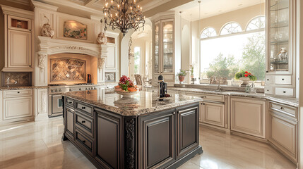 Fototapeta premium kitchen, interior, home, house, design, room, furniture, luxury, architecture, contemporary, new, apartment, cabinet, wood, nobody, floor, table, window, light, oven, indoors, indoor, style, sink, wal