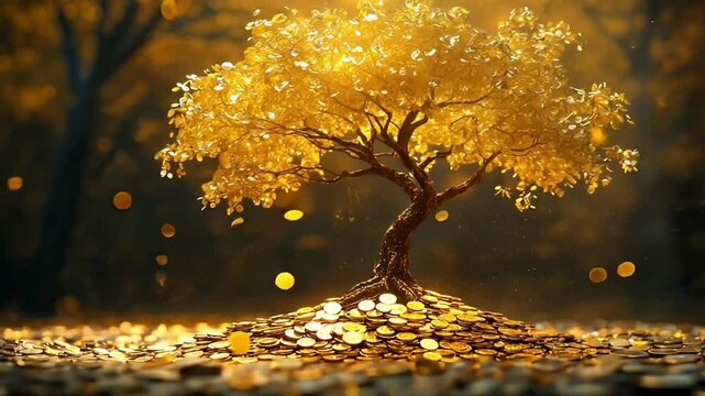 Golden Tree of Wealth Shimmering Coins and Natures Prosperity in Autumn Light, Symbolizing Growth and Abundance.