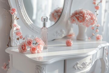A white dressing table with an elegant mirror and perfume bottle