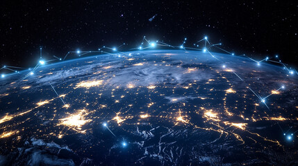 hyper-realistic visualization of global connectivity, showcasing telecommunication networks spanning the globe with a blurred, chaotic backdrop, symbolizing the interconnectedness of the world