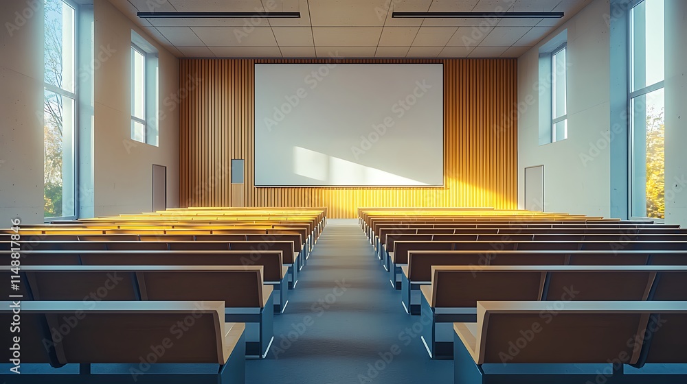 Poster Empty lecture hall with wooden seats and large projection screen.